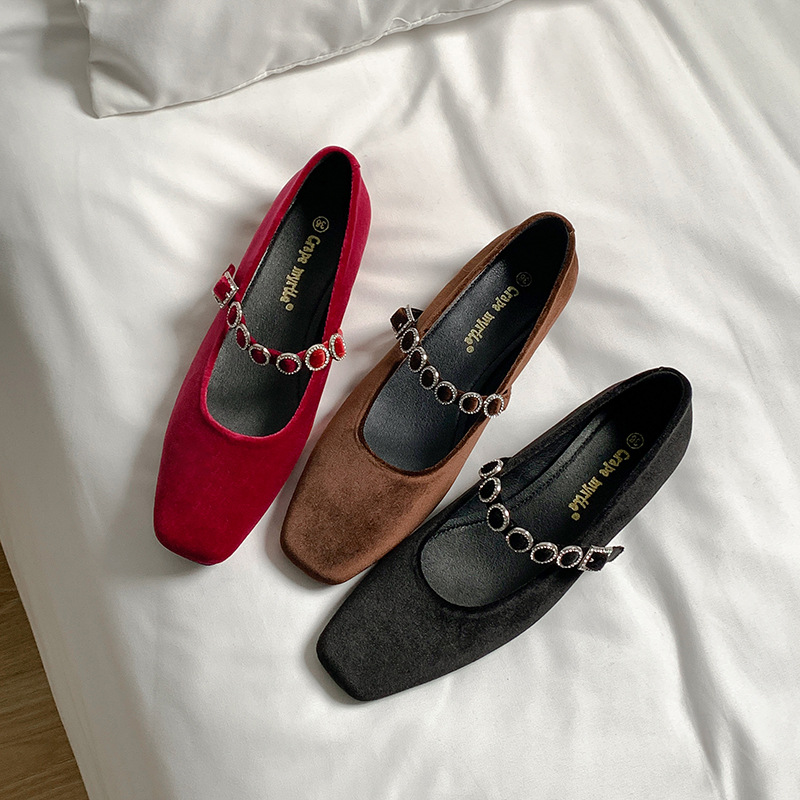 French-Style Square-Toed Shallow High Heels with Rhinestone Straps, Low-Heeled Suede Mary Jane Shoes for Women, Suitable for Spring and Autumn