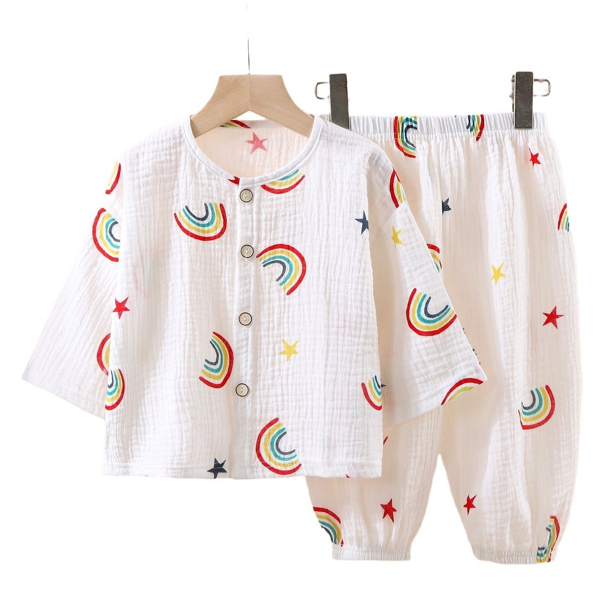Picture of New Kidsren's Thin Double-Layer Pure Cotton Gauze Pajamas Summer Baby Home Clothes Boys and Girls Long-Sleeved Spring & Fall Suits