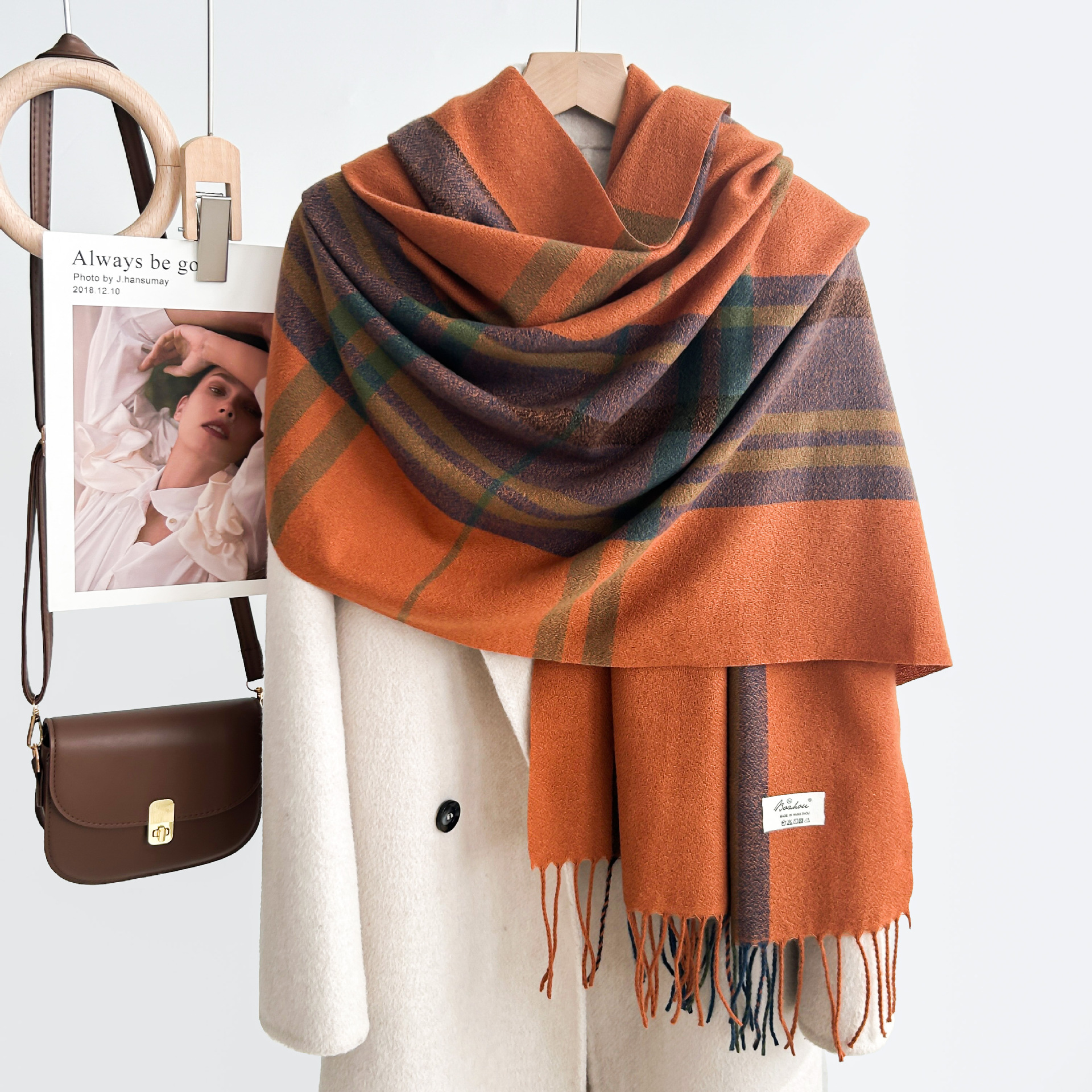 Retro Striped Contrast Color Scarf Fashion Commuter Warm Scarf Winter Warm Tassel Imitation Cashmere Shawl Trendy