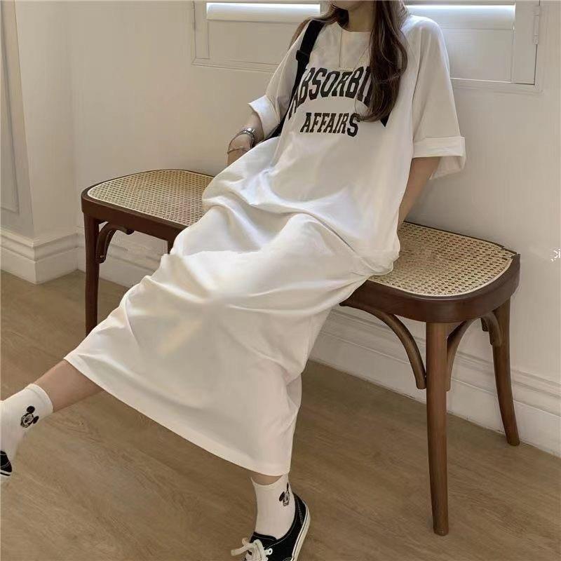 Summer Korean Style South Korea plus size Women's Casual Long dress chubby girl Loose Over-the-Knee T-Shirt Long Dress Women's Nightdress