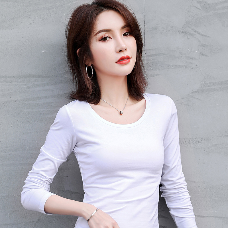 Picture of Spring and Autum Round Neck Pure Color Long-Sleeved T-Shirt Girls Elastic Large Size New Slim Fit Versatile Top Thin Bottoming Shirt