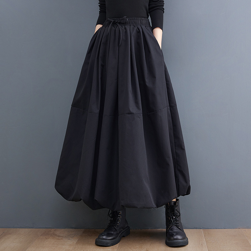 2023 Spring New Arrival High Waist All-Match Slim Look Cotton Linen Elasticated Waist Lace-Up Lantern Skirt Long Skirt