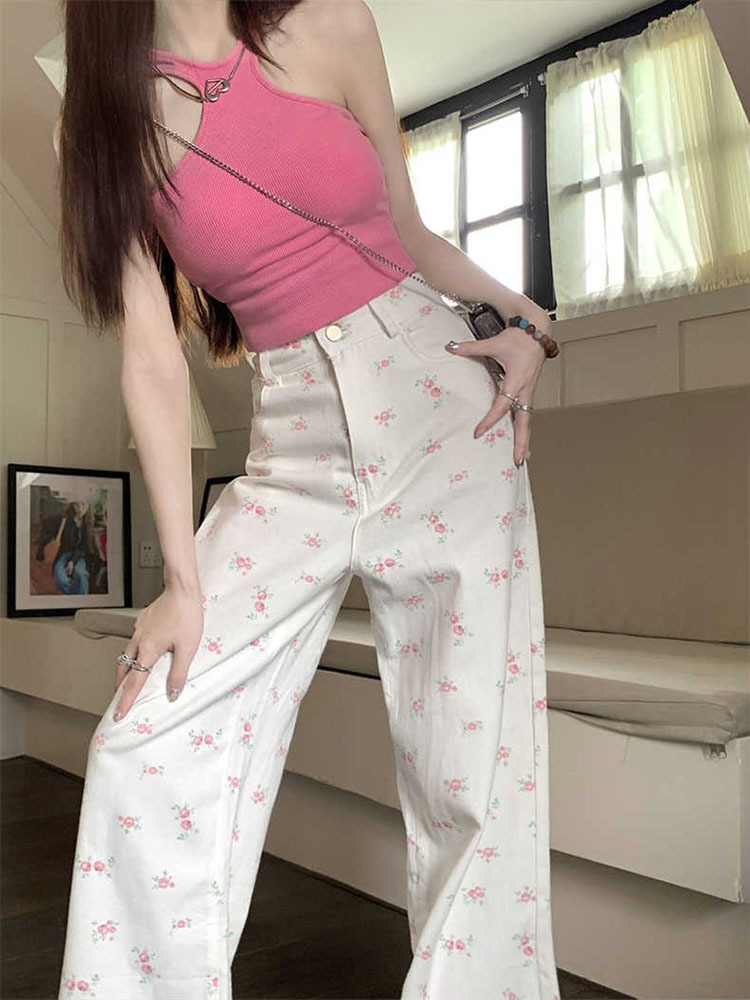 Spring and Summer New Loose All-match Retro High Waist Floral Straight Jeans Women's Slimming Fresh Casual Wide-leg Pants