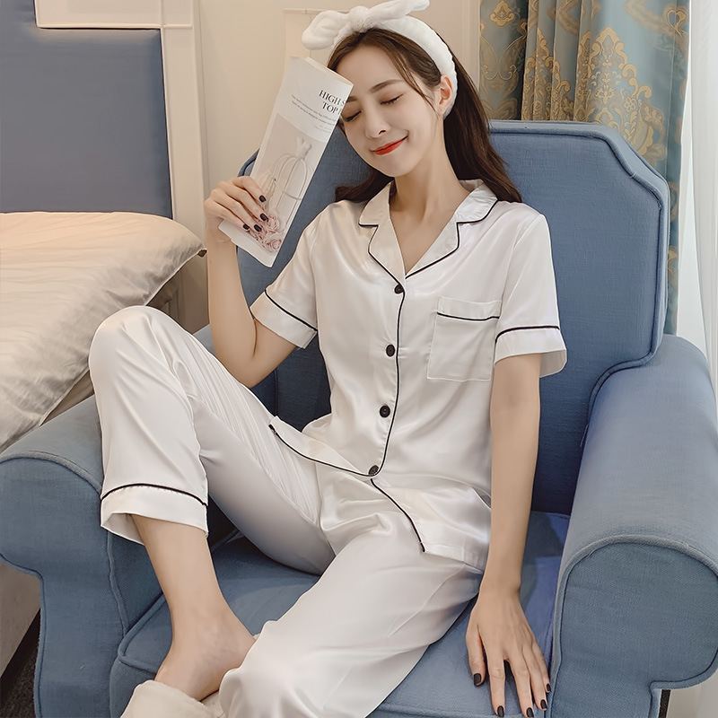 Plus size cardigan pajamas women's short-sleeved trousers solid color artificial silk Ice Silk two-piece home wear suit women