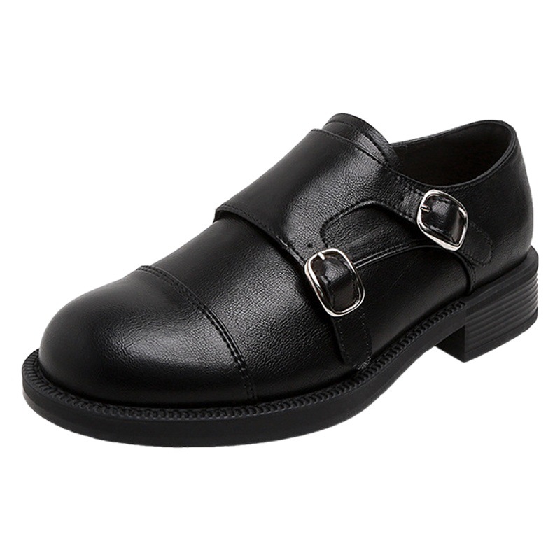 2025 Spring and Autumn New Shrunk Pattern Cowhide Double Button Round Toe Thick Heel Increased Easiest for Match British Style Leather Shoes Women's Loafers