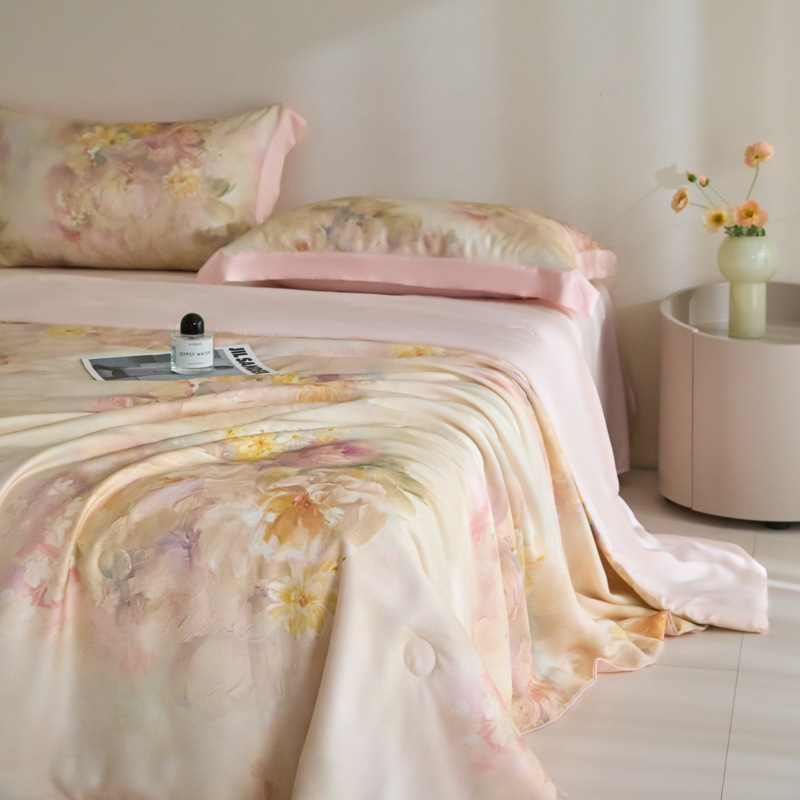 Picture of Super Cool Lenzing Tencel Summer Cool Quilt Four-Piece Set A-Type Pink Floral Ice Silk Air-Conditioned Quilt Thin Quilt Machine Washable 4