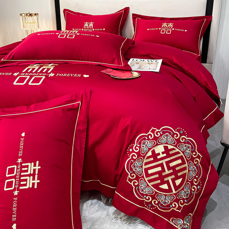 Picture of High-end European-style Wedding Four-piece Cotton Big Red Embroidered Sanding Quilt Cover Wedding Bedding Accompanying Wedding Room