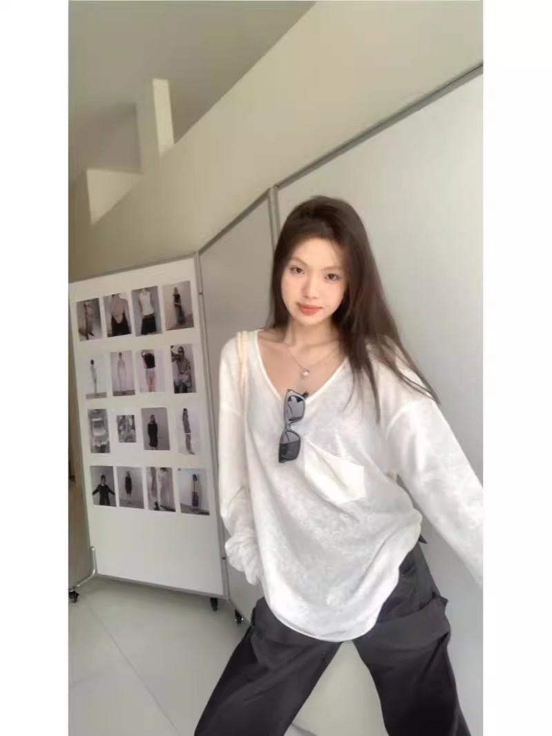 New U-Neck White Thin Outer Long-Sleeved Sun Protection T-Shirt for Women Summer Lazy Style Loose Dance Blouse Top