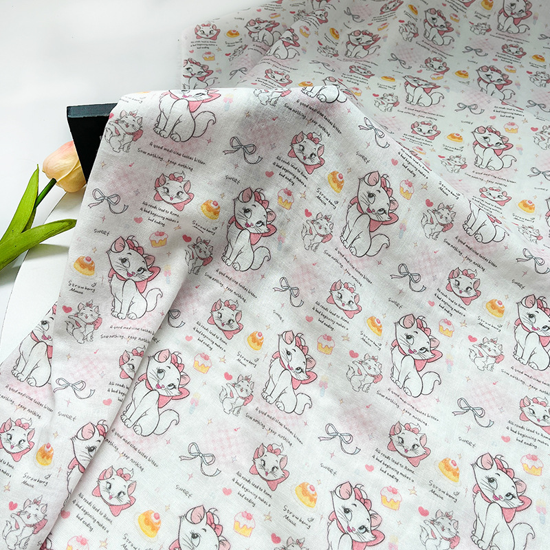 Cartoon Mary Cat Double-Layer Gauze Fabric Cotton Maternal and Infant Grade Printed Baby Saliva Towel Clothing Pajamas Bath Towel Fabric