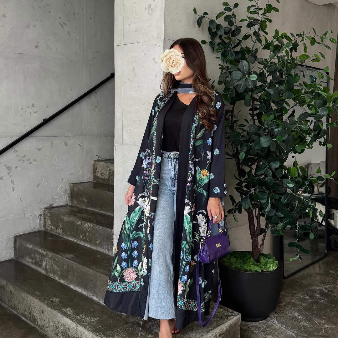 Picture of MQ236 Middle Eastern Robes Muslim Women's Fashion Print with Turban Casual Cardigan Abaya Large Swing Coat