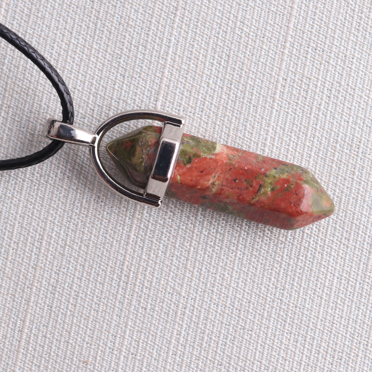 Picture of Natural Stone Hexagonal Pendant European and American Natural Crystal Hexagonal Prism Bullet Hexahedral Black Wax Rope Necklace