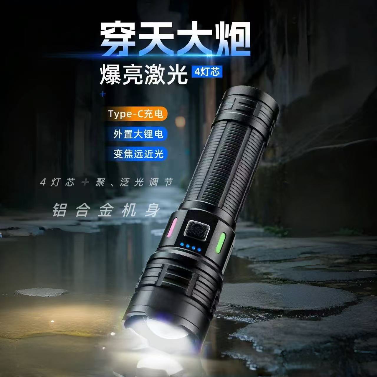 Cross-border new high-intensity zoom flashlight, Type-C rechargeable fluorescent electronic display four-color light source LED flashlight