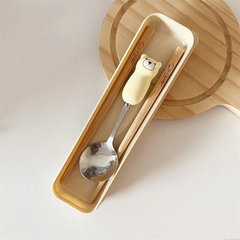 Picture of Ceramic Handle Cute Cartoon Skin Spoon Chopsticks suit Portable Tableware Cartoon Spoon Fork for Students