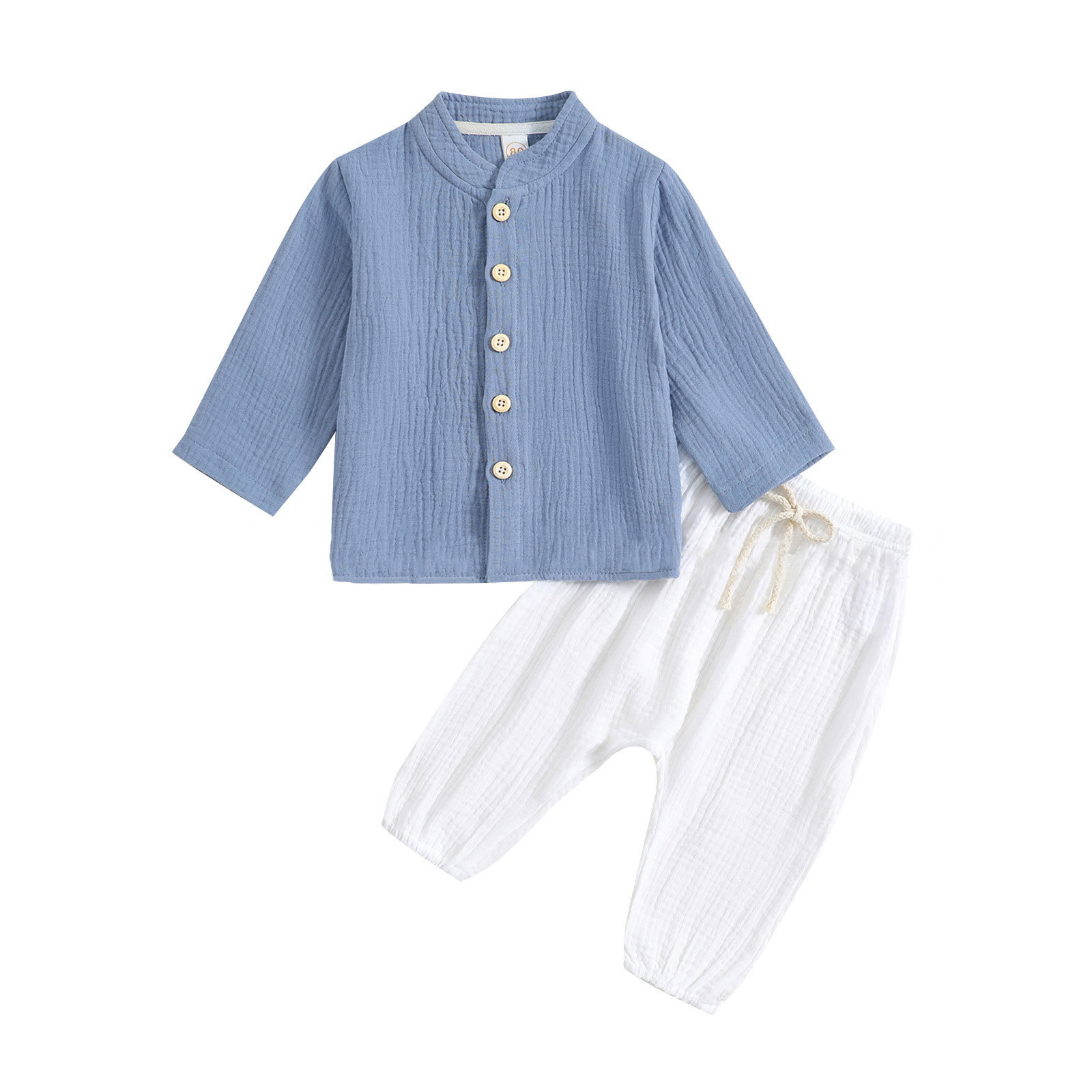 Picture of European and American Cross-Border Boys and Girls Morandi Color Front Strap Two-Piece Set Infant Cotton Shirt Long-Sleeved Pants Solid Color
