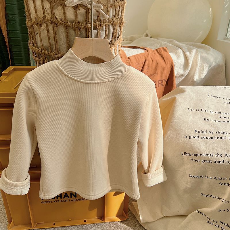 Picture of children's fleece-lined half turtleneck bottoming shirt autumn and winter Korean style men's and women's one-piece velvet warm top