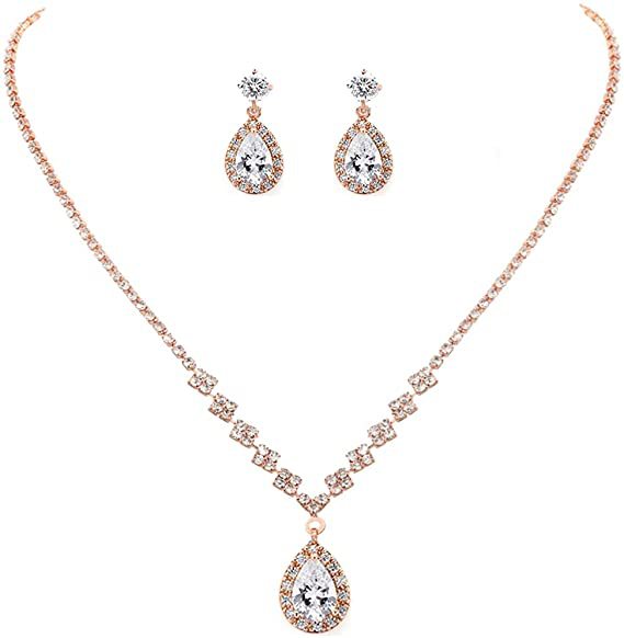 Picture of Brilliant diamond zircon water drop necklace earrings bride wedding jewelry shooting jewelry set wholesale