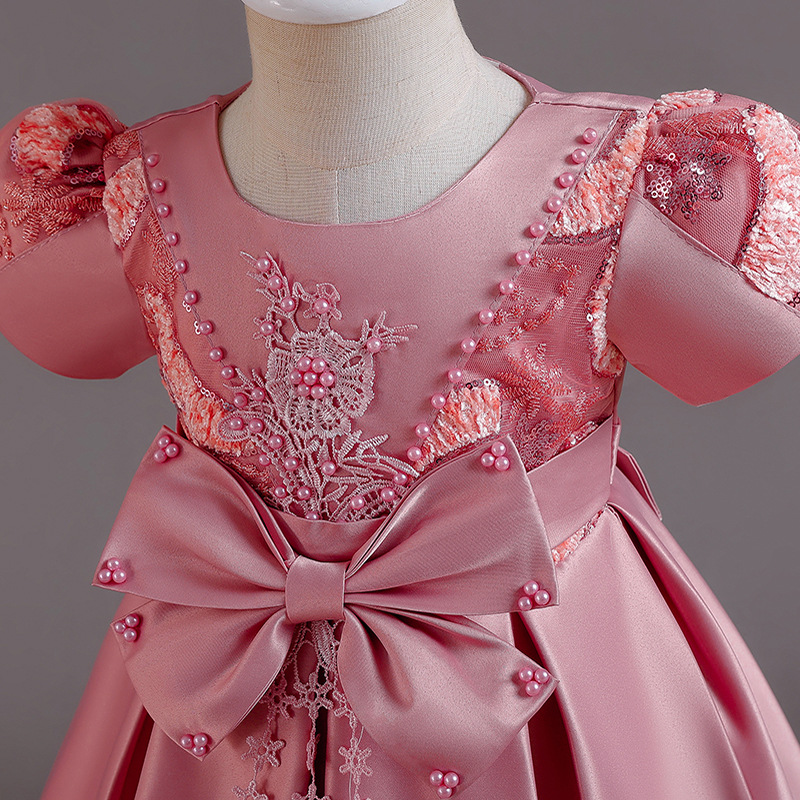Picture of Cross-border new children's dress Princess dress satin beaded bow dress flower girl birthday party costume