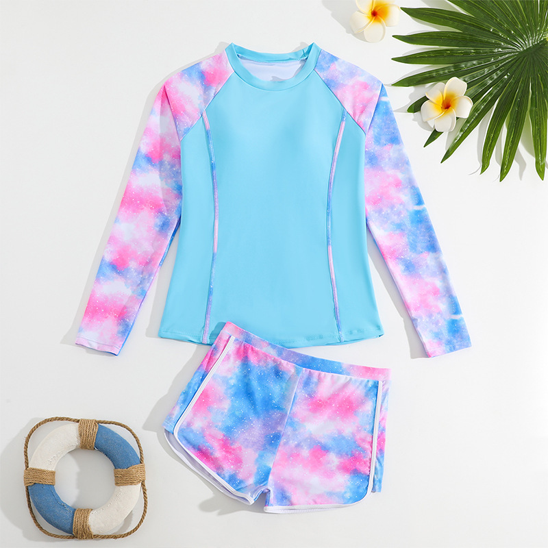 2025 New European and American Long-Sleeved Girls Swimsuit Two-Piece Beach Boxer Briefs 3-12 Years Old Female Sun Protection Split Swimsuit