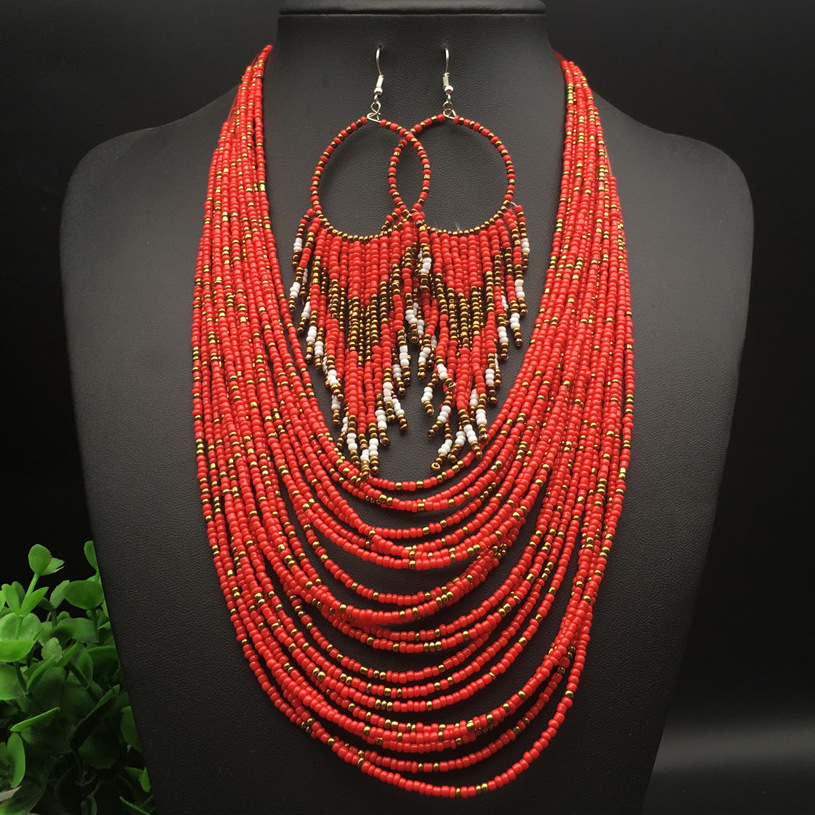 Ethnic style multi-layer beads necklace earrings set Bohemian holiday accessories cross-border hot necklace
