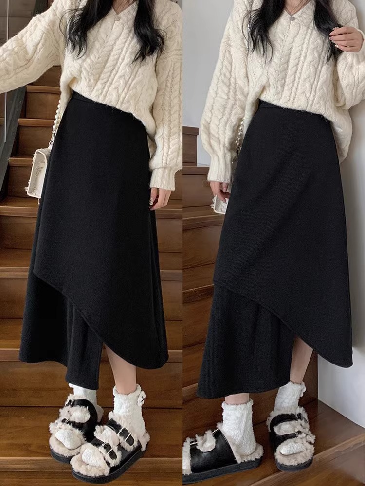 chubby girl plus size Women's Black Skirt Women's Irregular Dress Mid-length A- line Skirt High Waist Hip Covering Umbrella Skirt