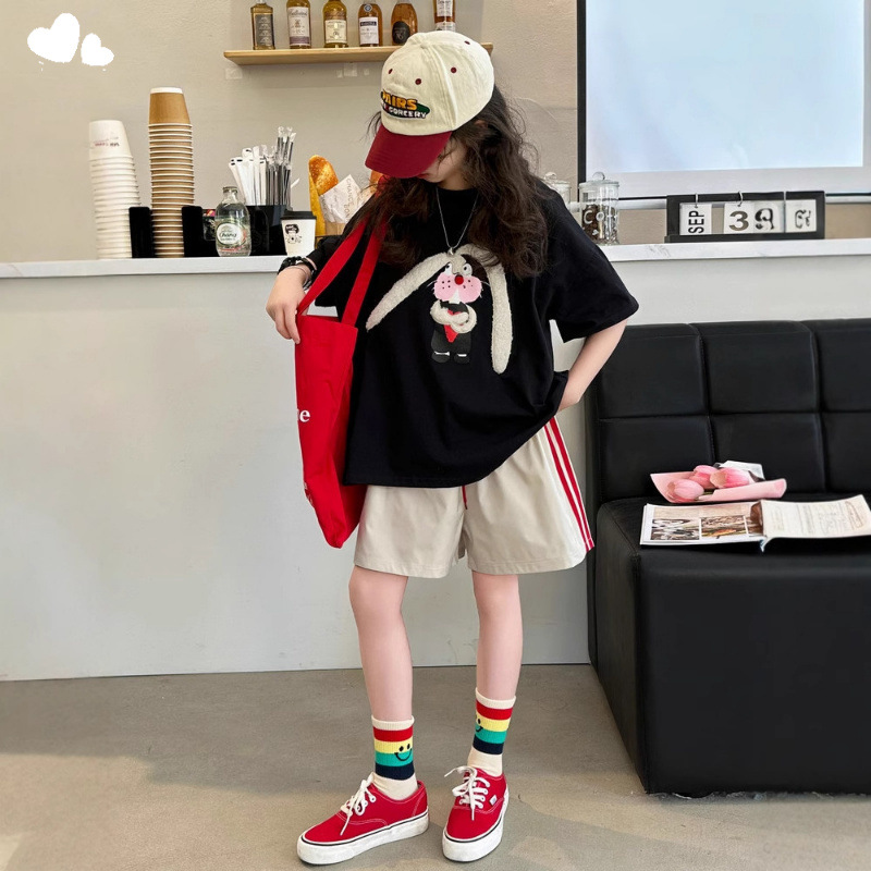 CUHK Girls' Summer Short-sleeved T-shirt Girls' Half-sleeved Children's Western Style Fashionable Pure Cotton Summer Fashion P Top Clothes 8 Years Old 9
