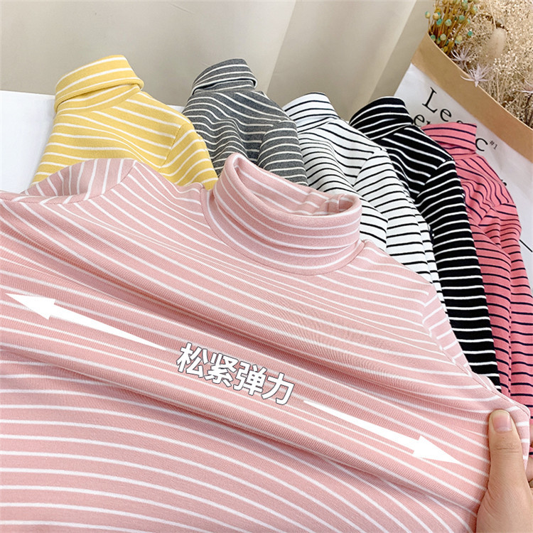 Picture of Children's Winter Girls' Base Shirt Autumn Outfit for Older Children, German Velvet Striped High-Neck Fleece Top, Children's Warm Top