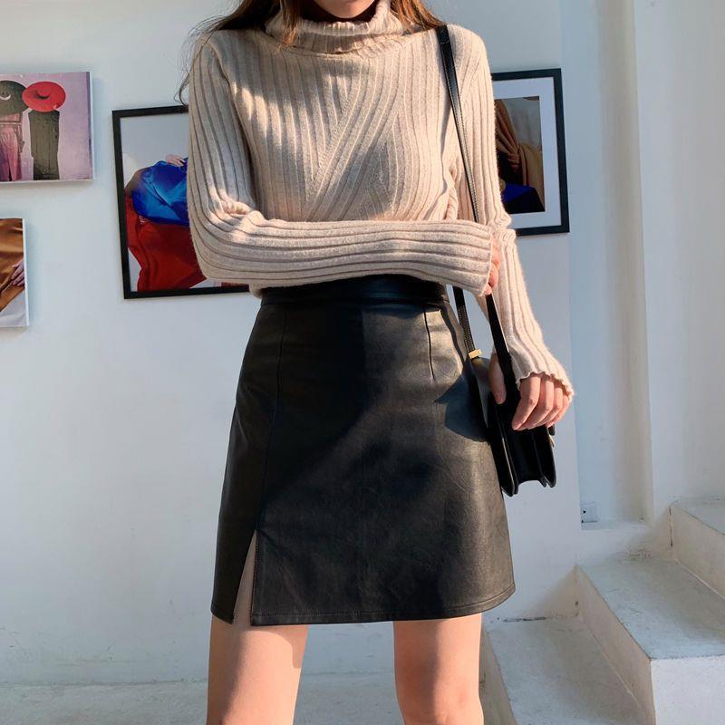Black Slit Leather Skirt Short Skirt for Women 2024 Spring & Fall New A-line Skirt Hip-covering One-step Skirt High-waist Slim Skirt