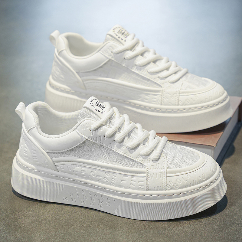 Men's Summer Breathable Trendy Versatile Casual White Sneakers Youth Non-Slip Sports Thick-Soled Height-Increasing White Shoes