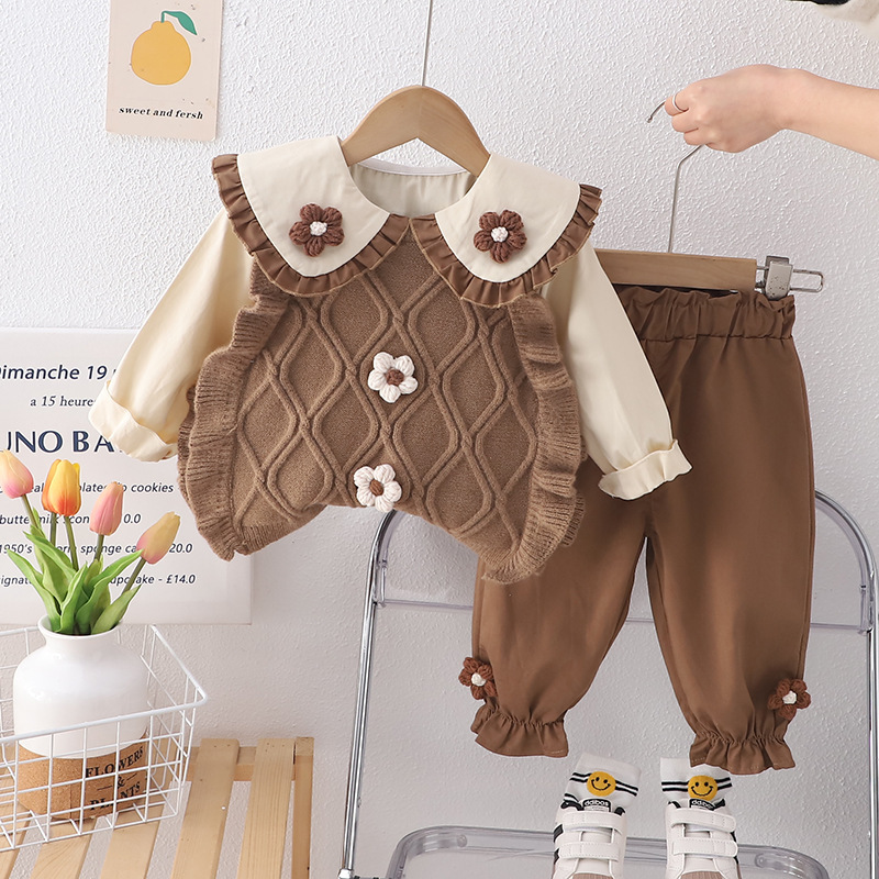 Picture of Spring and Autumn Net Red Western style vest sweater three-piece set foreign trade Girl's fashion Western style baby girl's clothing suit wholesale