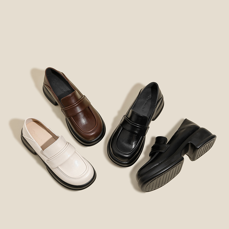 Thick-Soled Loafers for Women 2025 Spring and Autum New Black British Style Small Leather Shoes for Women Slip-On Thick Heel Flats