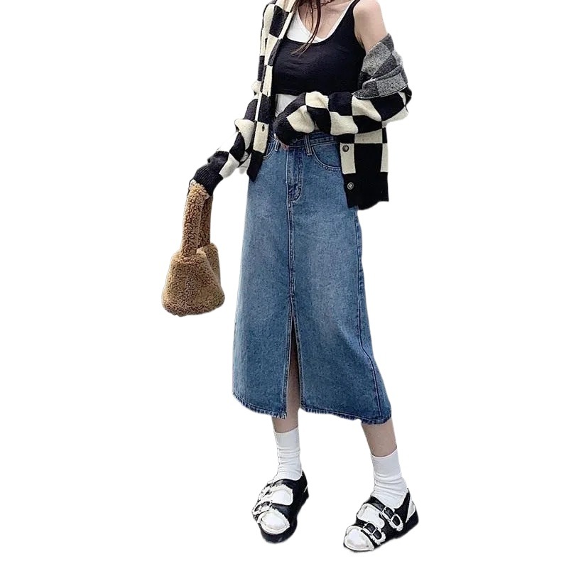 Denim Skirt Women's Spring and Summer 2024 New High Waist Split A- shaped Slim Covering Half-length Skirt Mid-length Ins Trendy
