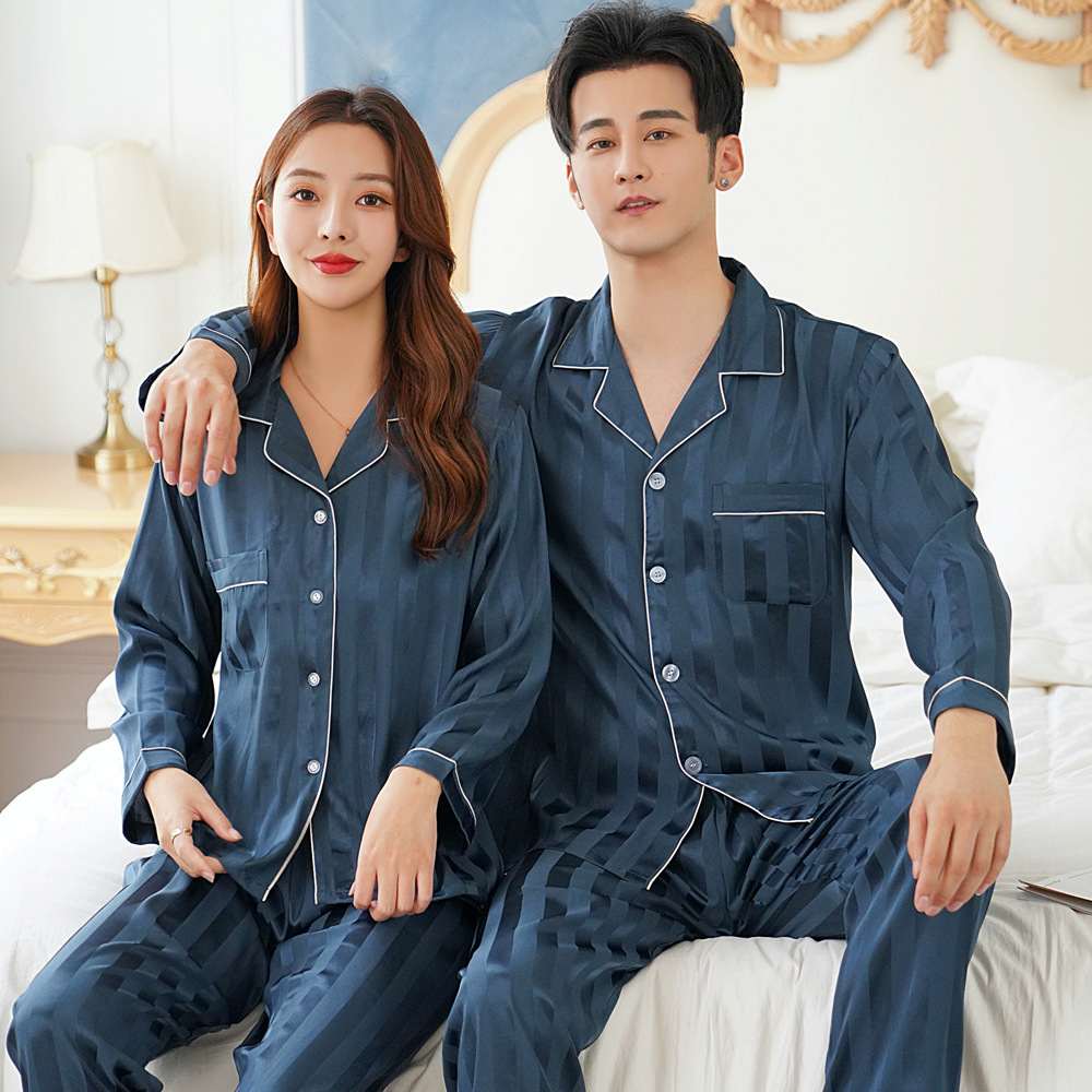 Wide Gray Blue Pajamas Couple Men's Spring and Autumn Ice Silk Striped Home Clothes Women's Imitation Silk suit Casual