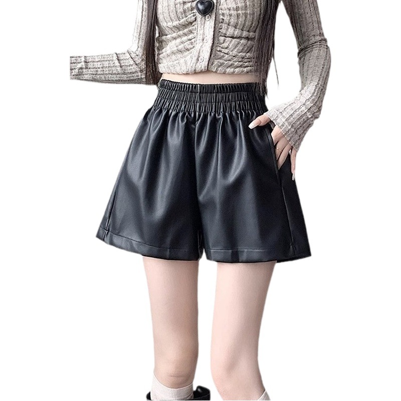 High-end sense pu leather wide-leg casual shorts women's autumn and winter new elastic high waist loose slimming a-line outerwear boots pants