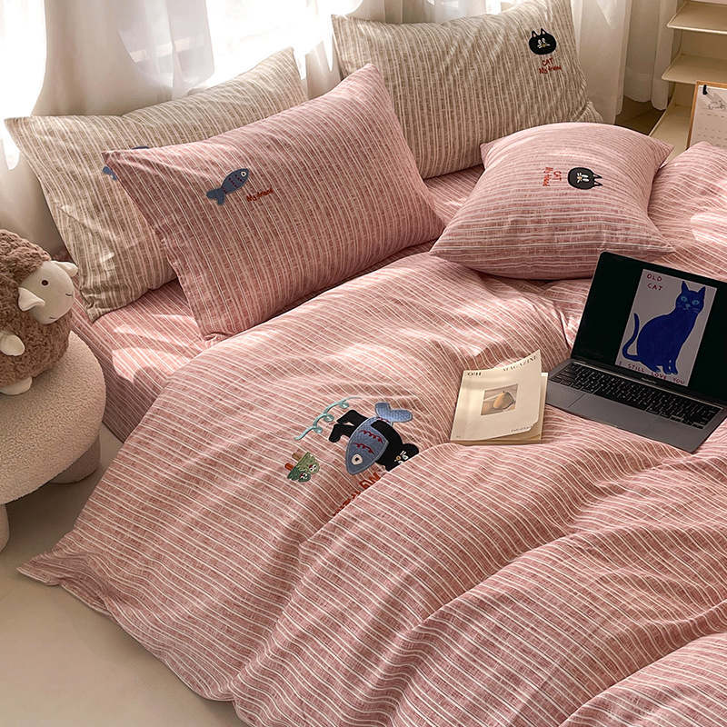 Picture of Ins wind washed cotton and linen bed four-piece set 2024 new no cotton cotton bedding three-piece set bed sheet quilt cover 4