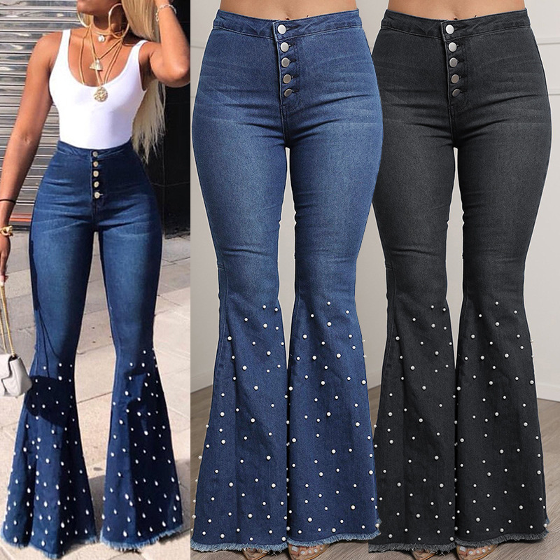 European and American Jeans Women's 2024 New Fashion Cross-border Hot Selling High Waist Elastic Slim Loose Beaded Flared Pants