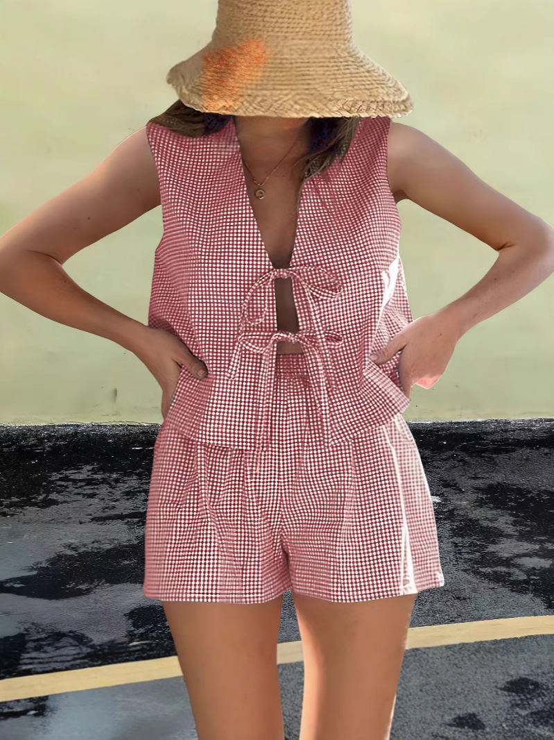 2024 Cross-border Europe and America Amazon New Casual Plaid Women's Summer Fashion Lace-up Plaid Top Plaid Short