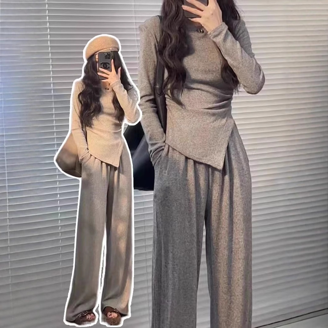 Foreign Trade Autumn New Casual suit Slim-fit Slimming Irregular Long Sleeve T-shirt High Waist Draped Wide Leg Pants