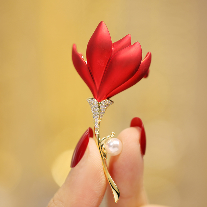 Picture of National Fashion red ethnic style cheongsam chest decoration copper zircon Pearl empty support semi-finished French brooch factory wholesale