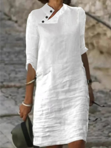 2023 Amazon Independent Station Spring and Summer New Casual Stand Collar Button Cotton and Linen Solid Color Middle Sleeve dress