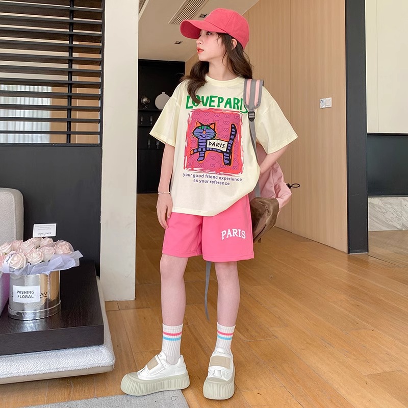 Girls Summer Short-Sleeved Suit 2025 New Style Girls Summer Korean Style T-Shirt Shorts Kidsren's Sports Two-Piece Set