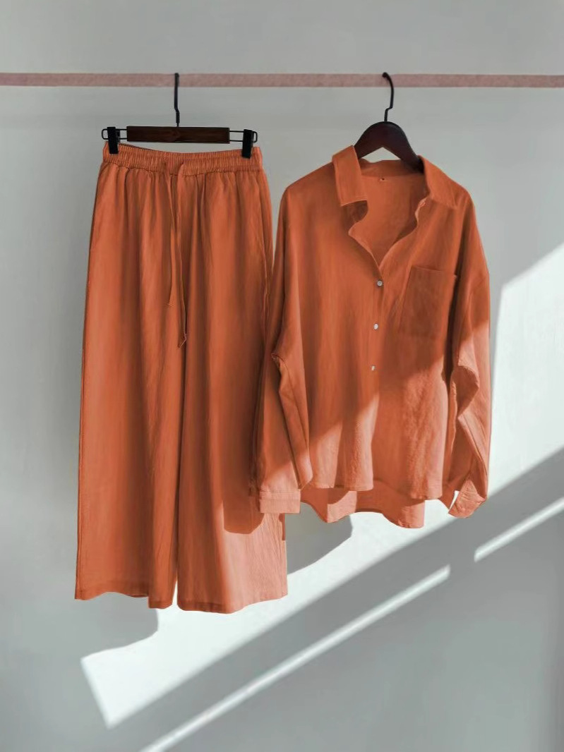 Picture of AliExpress Spring Cross-border plus size Women's Shirt suit Retro Loose High Waist Wide-leg Cropped Pants Two-piece Set for Women