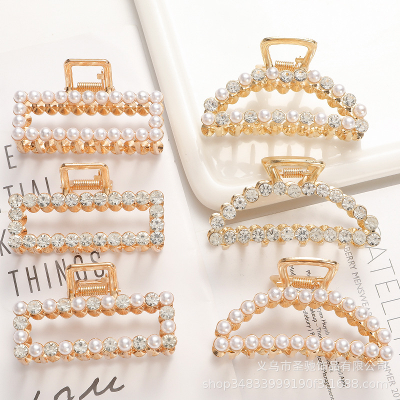 Large European, American and Korean-style Alloy Electroplated Rhinestone Pearl Grab Clip Simple Women's Hairpin Hairpin All-match Internet Popular Hair Grab