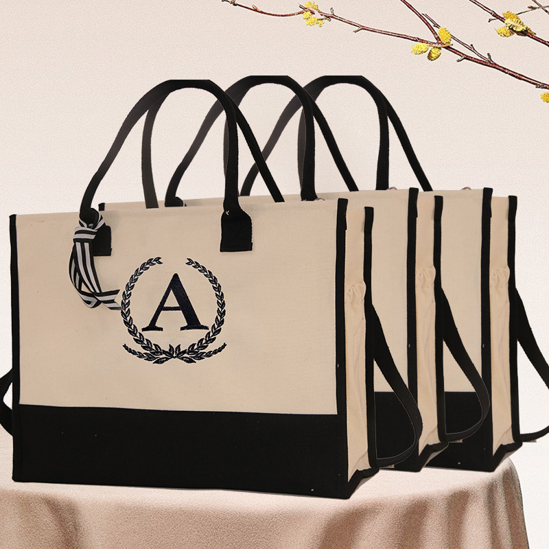 2025 New Spot Letter Machine Embroidered Handbag Retro Black and White Casual Shopping Canvas Tote Bag Custom-Made
