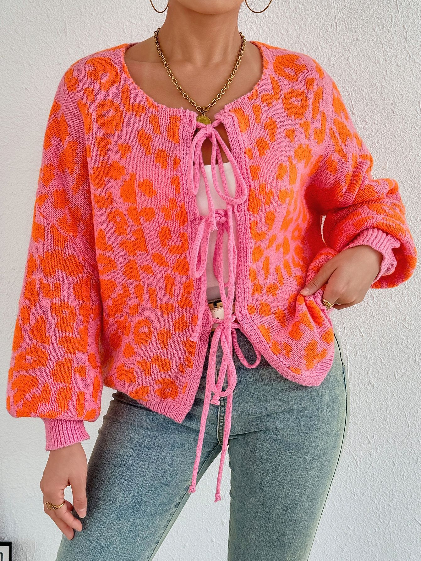 Cross-border Amazon Fall/Winter New Vintage Leopard Bow Lace-up Cardigan Jacket Crew Neck Long Sleeve Loose Sweater