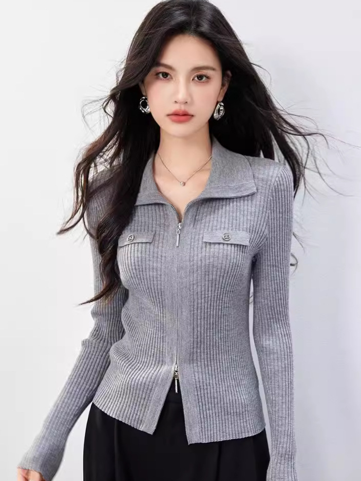 G0258 New 2024 Autumn Casual, Plaid, Slim Fit Double-Ended Zipper Stretch Knitted Cardigan Top