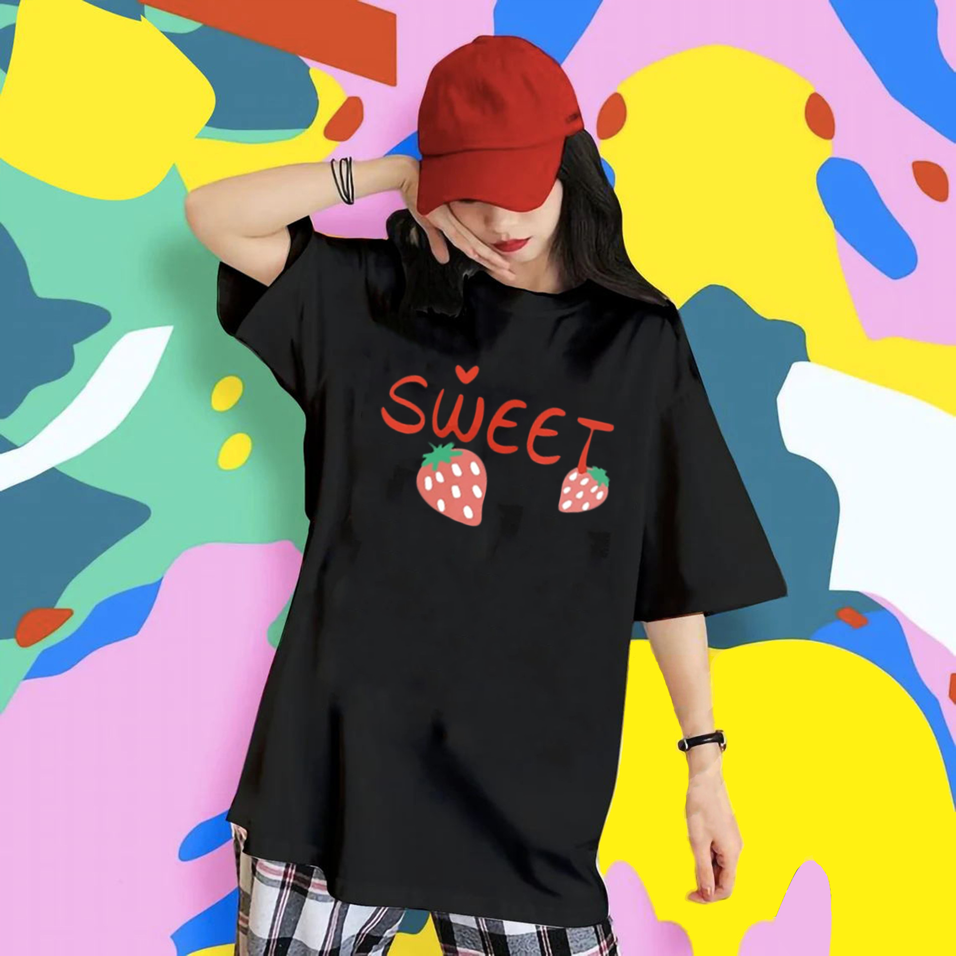 Spring AliExpress New shirt Shoulder T-Shirt Loose SWEET Letters Strawberry Pattern Women's T-Shirt