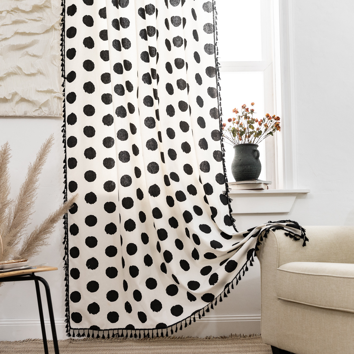 Cross-Border factory curtain finished non-perforated bay window curtain Nordic circle black tassel restaurant decorative curtain fabric