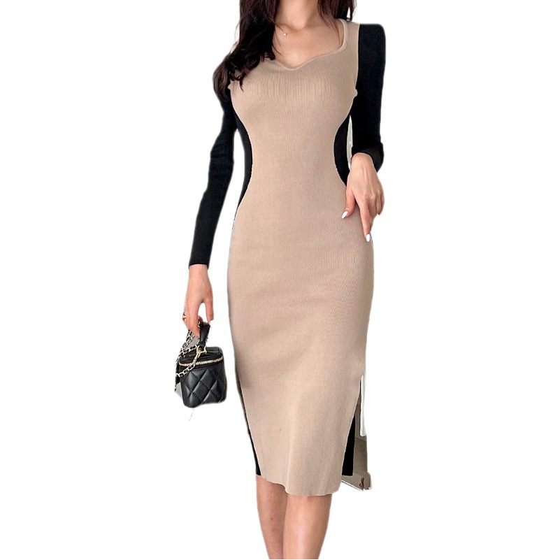 Foreign trade women's clothing 2023 Korean style autumn and winter New wide sexy deep V-neck stitching contrast color long sleeve mid-length knitted jumpsuit