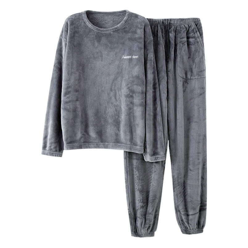 Pajamas for Men Winter Coral Velvet Thickeneded Velvet Warm Home Clothes Set Pure Color Flannel Pullover Men's Autumn and Winter