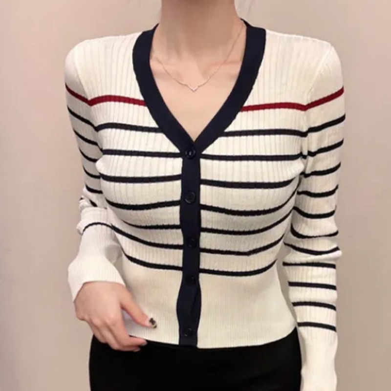 South Korea Dongdaemun fashionable women's contrast color edge V-neck tight waist striped long sleeve sweater autumn and winter striped top